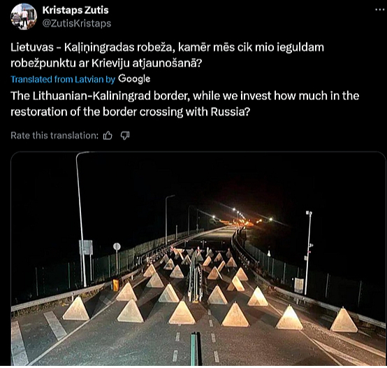 Tā sociālajā vietnē "X" uz Lietuvas robežsardzes publicēto fotogrāfiju reaģēja Kristaps Zutis.