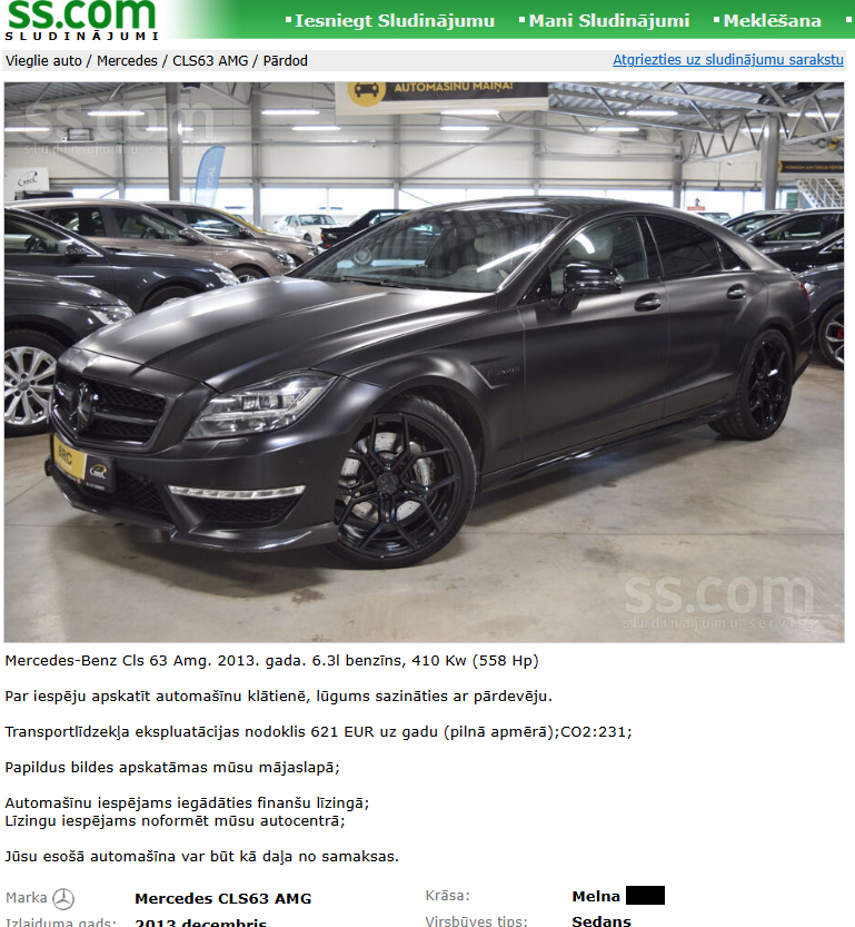 Latvijas auto tirgū pārdošanā izliktais "Mercedes-Benz CLS 63 Amg" ir reta parādība. 
