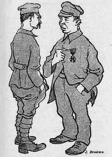 Lāčplēša Kara ordeni atvaļinātie karavīri mēdza nēsāt arī ikdienā, pie civilā apģērba. Ja personas uzvedību atzina par ordeni apkaunojošu, apbalvojumu varēja atņemt. "Svaru" karikatūra.