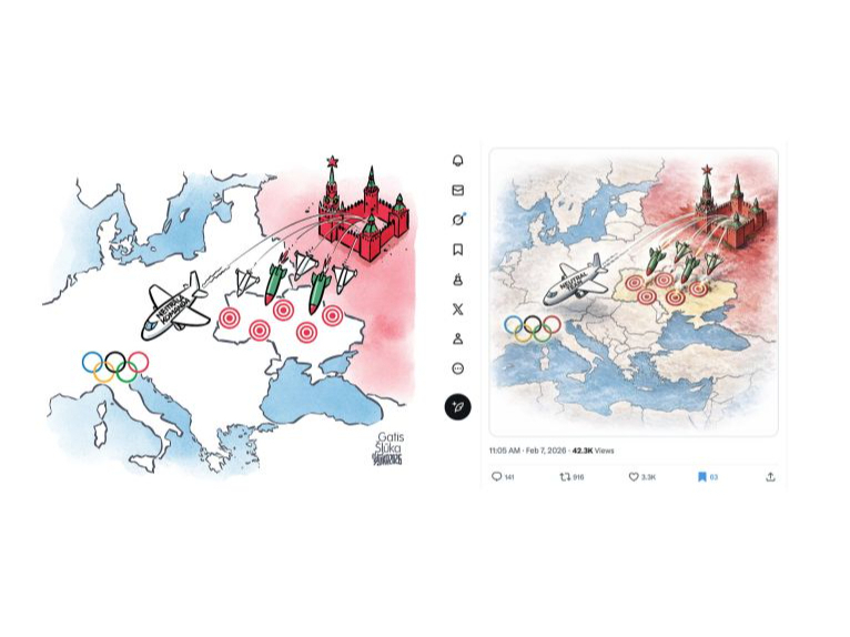 Pa kreisi – karikatūra, kas olimpisko spēļu atklāšanas rītā bija publicēta "Latvijas Avīzē" un autora soctīklu kontos. Augšā – mākslīgā intelekta veidots plaģiāts, kas dienu vēlāk parādījās sociālajā vietnē "X" un ar ko dalījās daudzi lietotāji.