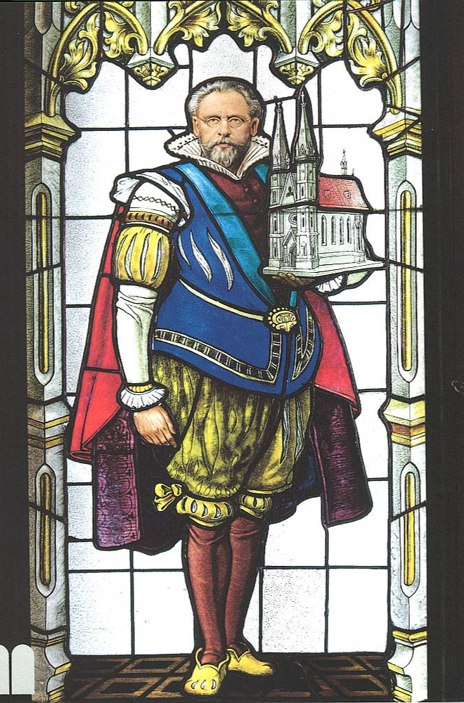 Krišjānis Ķergalvis Mazās ģildes vitrāžā.