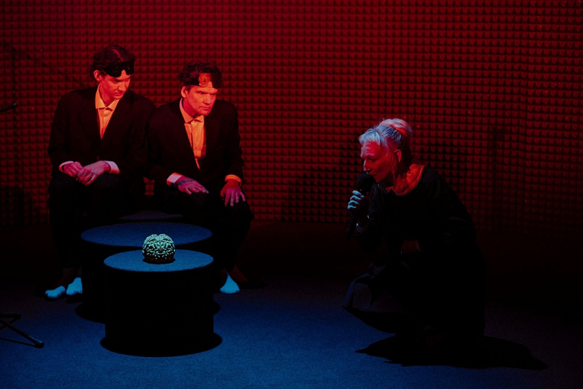 Uz skatuves (no kreisās) Gerds Lapoška, Vilis Daudziņš, Guna Zariņa.