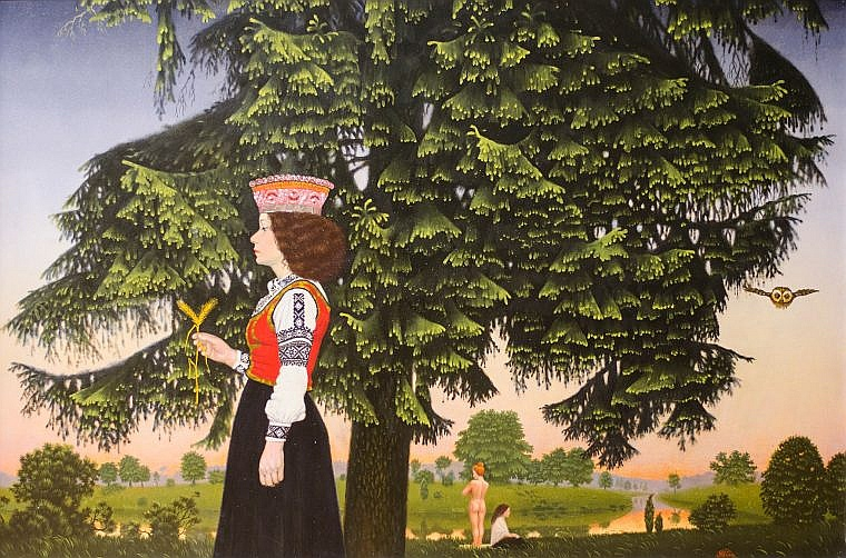 Miervaldis Polis "Kurzemniece, jumis, pūce", 1981, kartons, eļļa, 65×96 cm, LMS muzejs.