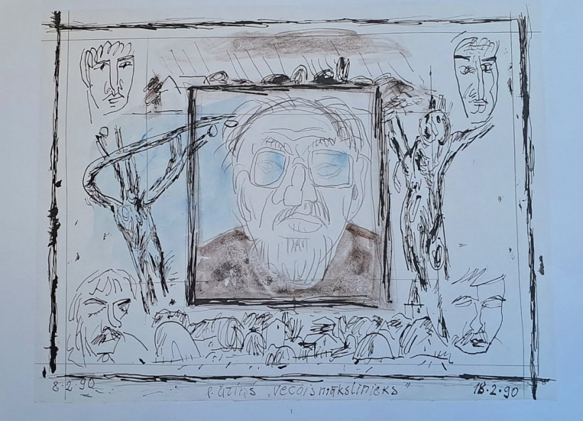 Leonīds Āriņš. "Vecais mākslinieks". 1990, p., tuša, zīm., akv., 64 x 49,5