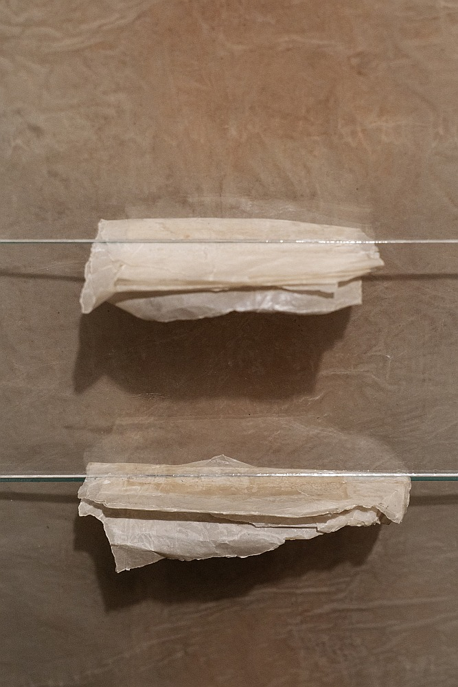 "Jēkabs". Rīspapīrs, vasks, linaudekls. 150x40x5. 2023.