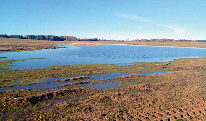 Peļķe uz lauka, kas izveidojusies meliorācijas sistēmas defekta dēļ.