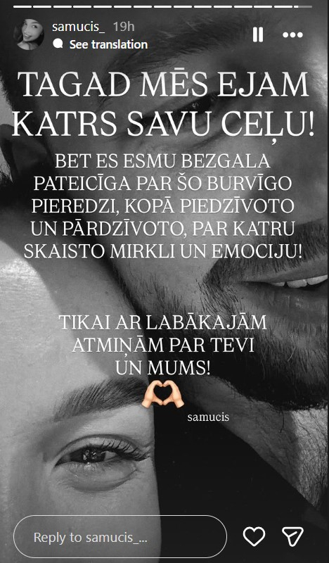 Ekrānuzņēmums no šova "Mīlestības villa" finālistes Samantas "Instagram" profila.