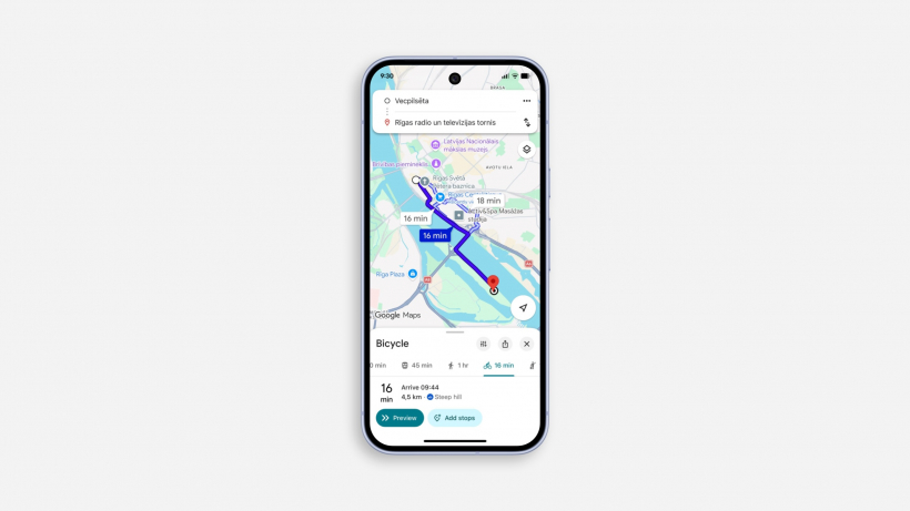 Velomaršruta piemērs "Google Maps" lietotnē.