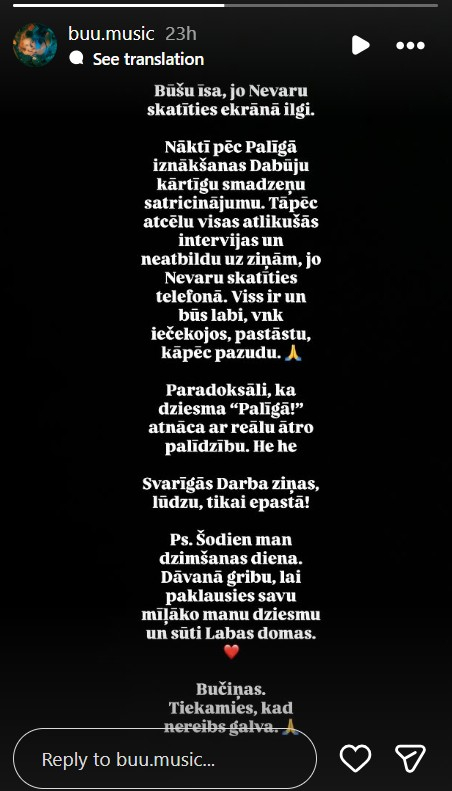 Būū paziņojums sociālajā medijā "Instagram".