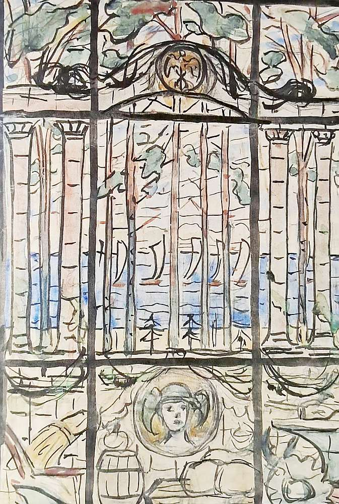 Skice Rīgas 4. savstarpējās kredītbiedrības nama loga vitrāžai. 1911, papīrs, tuša, akvarelis, 22x16,5 cm.