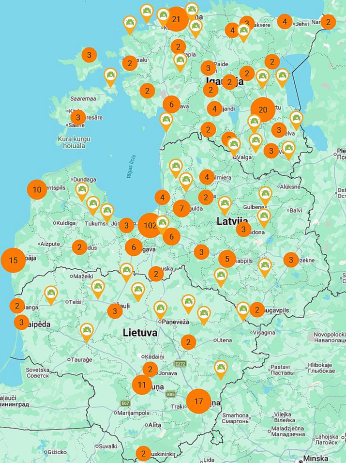 "Elektrum Drive" uzlādes tīkla karte. Baltijas mērogā Latvijas uzņēmums nodrošina jau 1300 pieslēguma vietas.