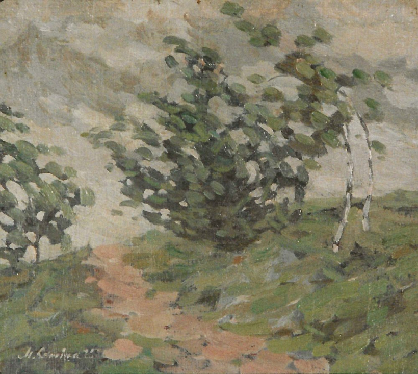 Margrieta Celmiņa. "Vējš bērzos". 1925, kartons, eļļa, 24,5 x 28 cm.