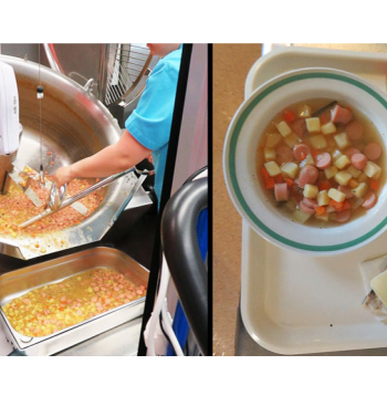 Skolēna pusdienu komplekts: cīsiņu zupa, pilngraudu plakanmaize ar gurķi un sieru, ābols. Produktu izmaksas ir ap 1,20 eiro.