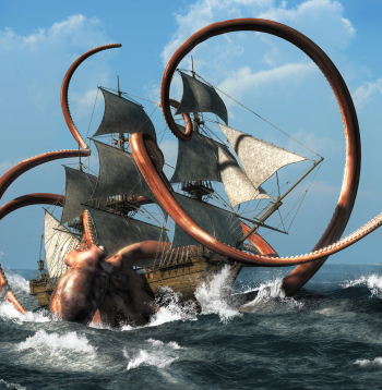 Krakens – briesmonis skandināvu folklorā, izskatās kā milzu astoņkājis vai kalmārs un spēj nogremdēt kuģus. 3D ilustrācija.