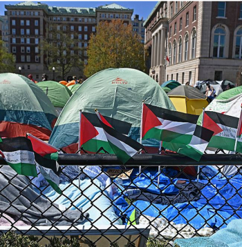 Palestīniešu atbalstītāju nometne Kolumbijas Universitātes studentu pilsētiņā Ņujorkā.