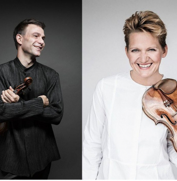 "Berlīnes filharmoniķu" izcilie koncertmeistari – altists Amihajs Gross un vijolniece Vineta Sareika.