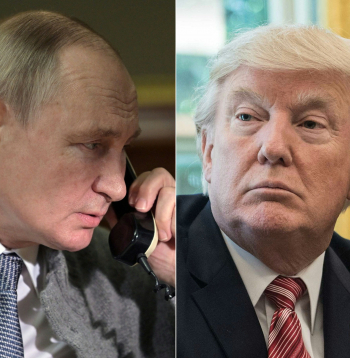 ASV prezidents Donalds Tramps un Krievijas diktators Vladimirs Putins telefonsarunā.