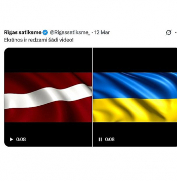 Ukrainas karogu Rīgas sabiedriskajā transportā rāda video monitoros, turklāt kopā ar Latvijas karogu.