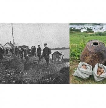 Sapieri darbos pie Krustpils 1925. gadā, un mūsdienās uzietā mīna.