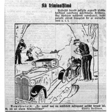 Satiksmes pārkāpēju ķeršana. 1929. gada karikatūra avīzē "Pēdējā Brīdī".