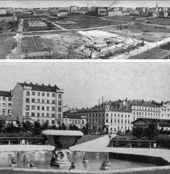 Ziedoņdārza kopskats un strūklaka 1938. gadā.
