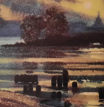 Ausma Krūmiņa “Noskaņa”, akvarelis, papīrs, 37×52 cm, 1965, LMS muzeja arhīvs.