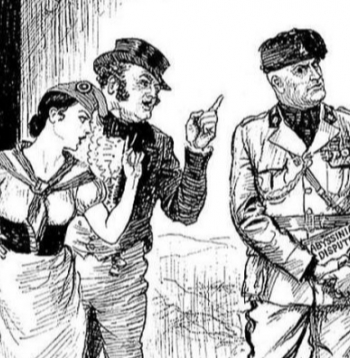 Francija un Anglija "brīdina" Itāliju. Britu karikatūra
