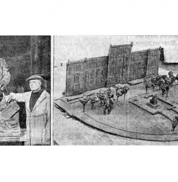 Gustavs Šķilters pie pieminekļa meta 1935. gadā un tā izvietojums.