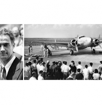 Hovards Hjūzs 1938. gadā un viņa "Lockheed 14 Super Electra" pirms izlidošanas.