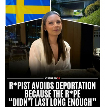 Fotokolāžā no portāla "Visegrad24" teksts: "Izvarotājs izvairās no izsūtīšanas, jo izvarošana "nav notikusi pietiekami ilgi"."