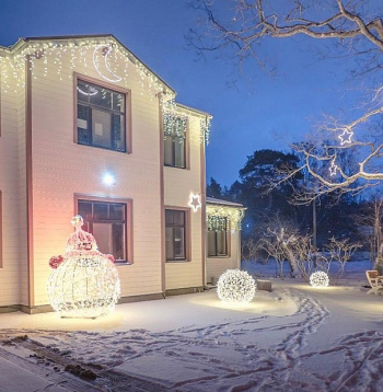 Saskaņojam gaismas virtenes ēkas greznošanai ar gaismas dekoriem dārzā.