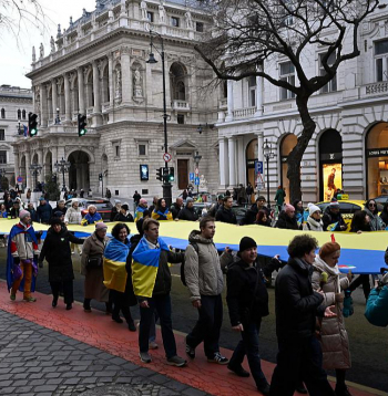 Ukrainas atbalsta akcija pie Krievijas vēstniecības Budapeštā šā gada 22. februārī.