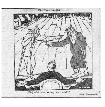 "Jaunāko Ziņu" karikatūra par Varakļānu prāvu. "Jaunāko Ziņu" karikatūra par Varakļānu prāvu.