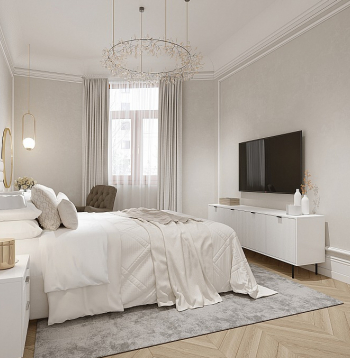 Gaisīga guļamistaba Rīgas centrā. Augstie griesti, niansēti gaišie toņi, interesantas vēsturiskās detaļas.