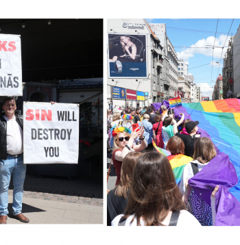 Praida gājiena dalībniekus Rīgas ielās sagaida izretojušies protestētāji.
