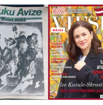 "Mājas Viesa" pirmā – 1997. gada 30. decembra – numura pirmā lappuse, un 800. numura, kas iznāk šodien, vāks.