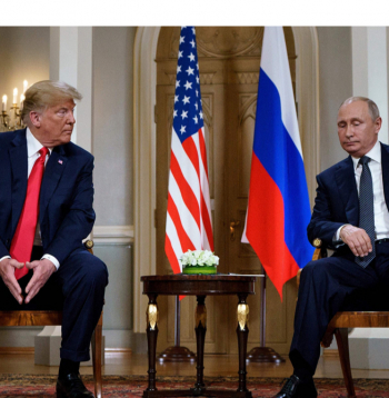 ASV prezidents Donalds Tramps un Krievijas vadonis Vladimirs Putins tikšanās laikā Helsinkos, 2018. gadā. Kremļa saimnieks Putins mēģina ar bruņotu spēku pārzīmēt robežas Eiropas kartē, bet arī Tramps pēdējā laikā devis mājienus, ka gribētu paplašināt ASV teritoriju.
