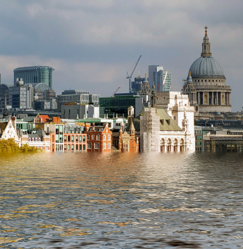 Vīzija par Londonu, ja globālās sasilšanas rezultātā celtos jūras līmenis.