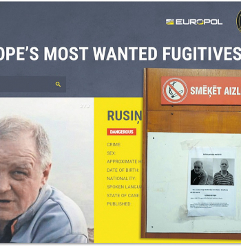 Leons Rusiņš joprojām ir policijas meklēšanā – attēlā pa labi fotogrāfija kādā no telpām ēkā, kur atrodas Bauskas policija, tiesa un prokuratūra. Viņš ir arī Eiropas visvairāk meklēto noziedznieku sarakstā – viņa vārds un foto ir publicēts Eiropas Savienības dalībvalstu izveidotā noziedznieku meklēšanas komandu tīkla ENFAST vietnē "eumostwanted.eu".