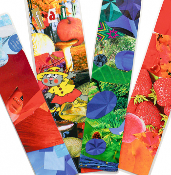 Ielaminētas grāmatzīmes no krāsainu papīru kolāžas.