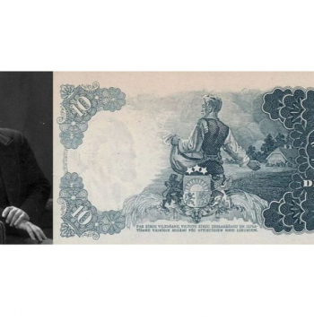 Kārlis Krauze un viņa zīmētā banknote.