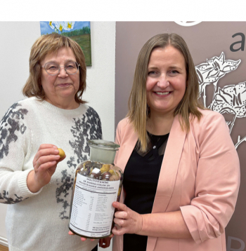 Kartupeļu selekcionāres Ilze Skrabule (no kreisās) un Ilze Dimante demonstrē siltumnīcā audzētos sīkbumbuļus, kurus stādīs laukā. Svarīga priekšrocība Latvijā izveidotajām šķirnēm ir tas, ka izlase veikta tieši šeit, līdz ar to šķirnes genotips ir labāk piemērots vietējiem audzēšanas apstākļiem nekā citur selekcionēta šķirne.