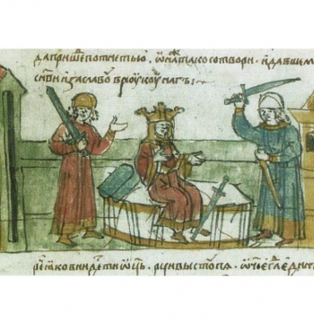 Polockas kņazs Vladimirs (vidū) 15. gs. senkrievu rokrakstā. Polockas kņazs Vladimirs (vidū) 15. gs. senkrievu rokrakstā.