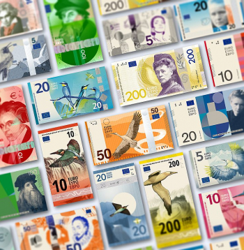 Jaunā dizaina eiro banknotes veidotas par divām tēmām – "Eiropas kultūra" un "Upes un putni".