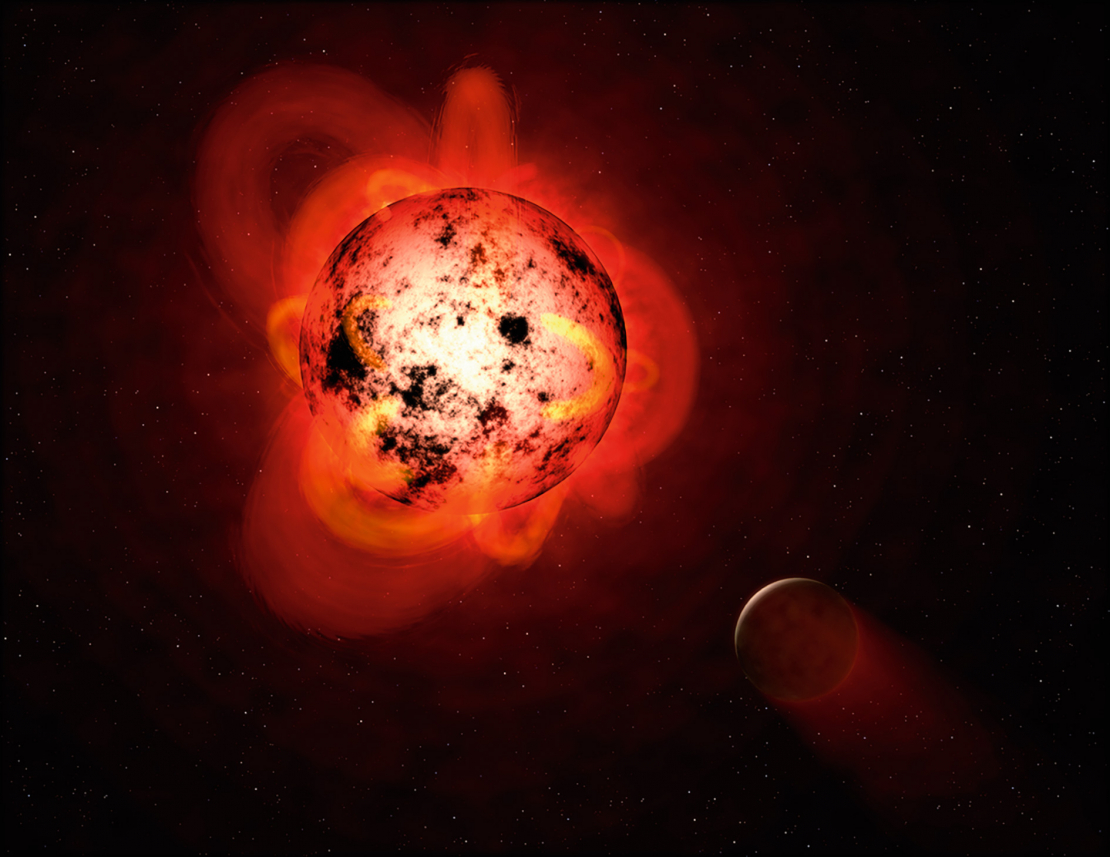 Sarkanā pundurzvaigzne, ap kuru riņķo hipotētiska eksoplaneta.