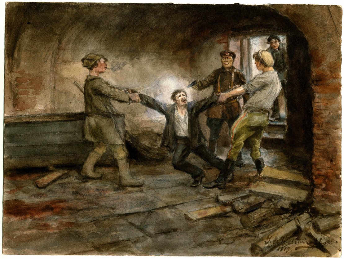 Krievu mākslinieka Ivana Vladimirova gleznā – čekistu izrēķināšanās ar padomju varas ienadnieku.