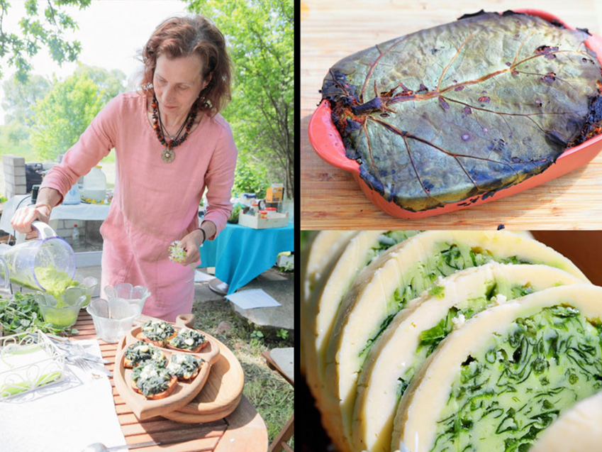 Terēzas Strautas pagatavotā maltīte no dabas veltēm, tostarp gārsu maize, kurai virsū smērējam lakšu sviestu, pildītas olas un citi gardumi.