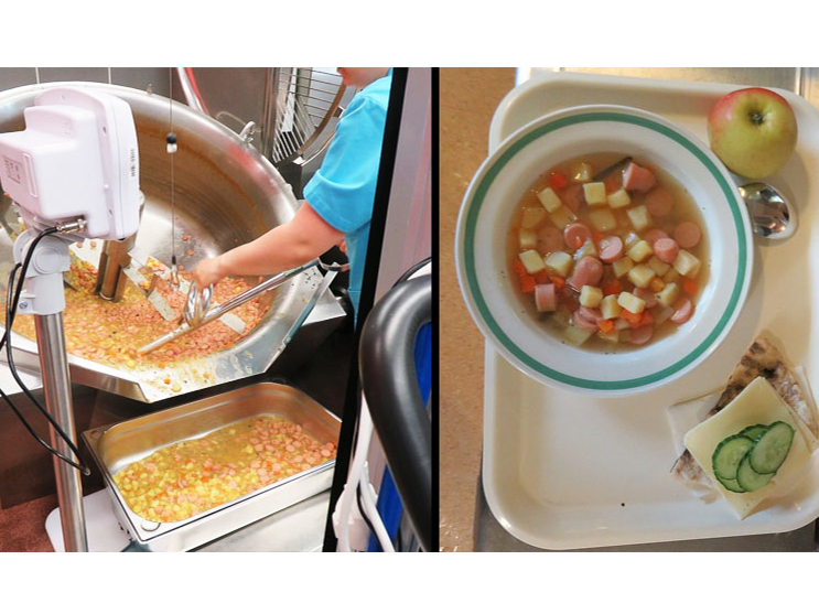Skolēna pusdienu komplekts: cīsiņu zupa, pilngraudu plakanmaize ar gurķi un sieru, ābols. Produktu izmaksas ir ap 1,20 eiro.