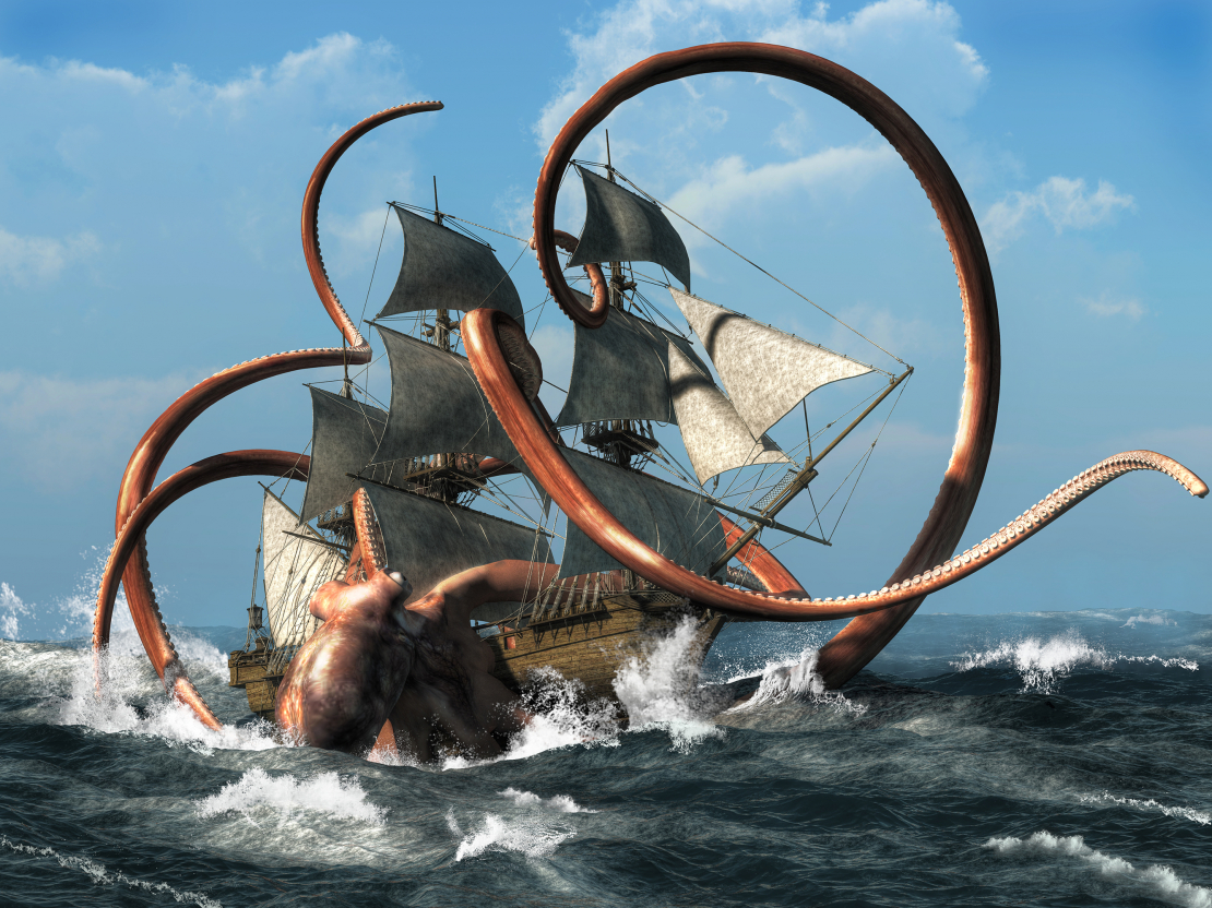 Krakens – briesmonis skandināvu folklorā, izskatās kā milzu astoņkājis vai kalmārs un spēj nogremdēt kuģus. 3D ilustrācija.
