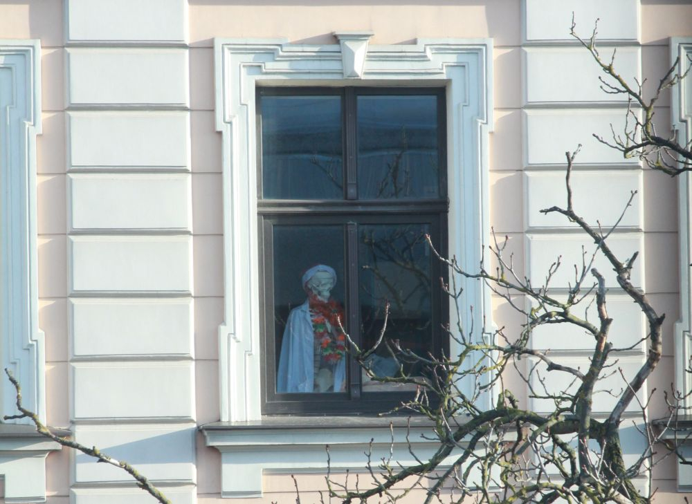 Skats uz Rīgas Natālijas Draudziņas vidusskolas logu.